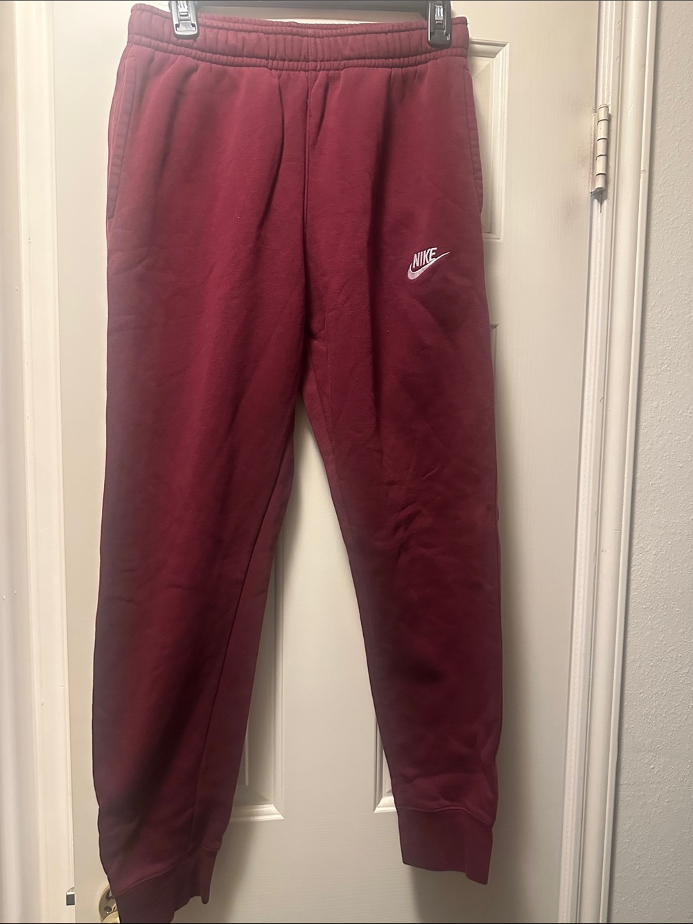 Nike Men's Burgundy Fleece Joggers with White Swoosh